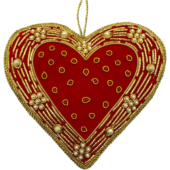 Zari Red Heart Christmas Ornament, Zardozi Embroidery, Gift Bag - Picture 5 of 5